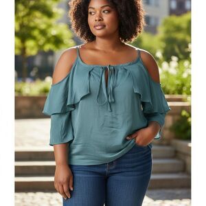 Solid Teal Cold Shoulder Ruffle Blouse with Tie Front Flowy Chic Top L